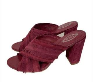 Tods Fringed Suede Block-Heel Mules Burgundy