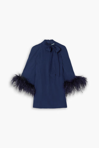 HUISHAN ZHANG COLETTE BOW-DETAILED FEATHER-TRIMMED CREPE TOP - Size 14