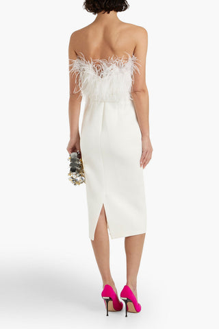 BADGLEY MISCHKA STRAPLESS FEATHER-EMBELLISHED SCUBA MIDI DRESS - Size 6