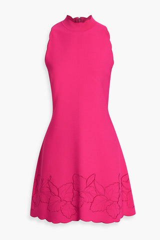 CAROLINA HERRERA EMBROIDERED STRETCH-KNIT MINI DRESS - Size L