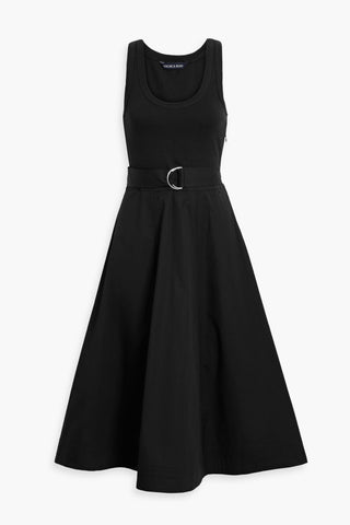 VERONICA BEARD ENNIS BELTED RIBBED JERSEY-PANELED COTTON-BLEND POPLIN MIDI DRESS - Size S