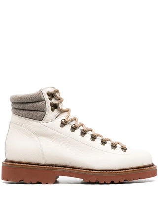 Brunello Cucinelli Off-White Grained Leather Lace-Up Boots with Felted Collar