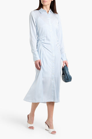 VERONICA BEARD LEX RUCHED STRIPED SILK-BLEND MIDI SHIRT DRESS - Size 8