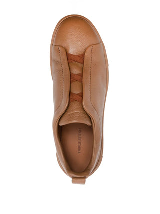 Zegna Grained Leather Slip-On Sneakers Cognac