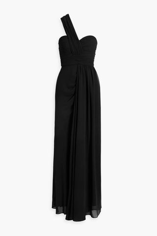 BADGLEY MISCHKA ONE-SHOULDER DRAPED CHIFFON GOWN - Size 10