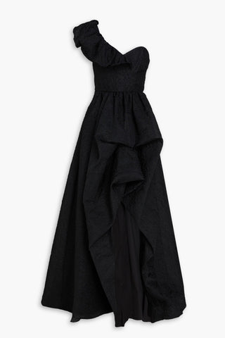 MARCHESA NOTTE ONE-SHOULDER RUFFLED CLOQU GOWN - Size 16