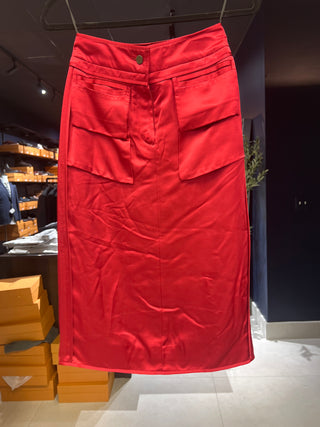 Tom Ford Satin Flap Pocket Midi Skirt in Crimson Red