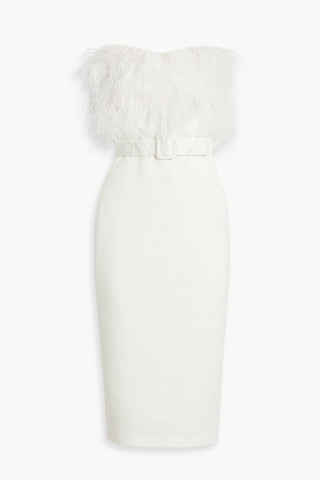 BADGLEY MISCHKA STRAPLESS FEATHER-EMBELLISHED SCUBA MIDI DRESS - Size 6