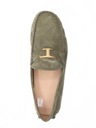 Tods Green Suede Gommino Driver Shoes with Gold T-Bar