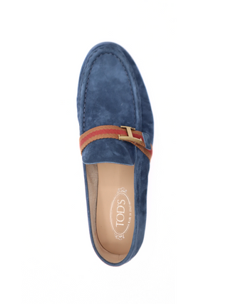Tods Blue Suede Gommino Driving Shoes with T-Buckle Strap