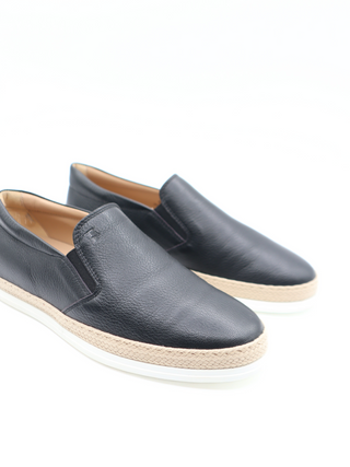 Tods Grained Leather Espadrille Loafers with Rubber Raffia Sole