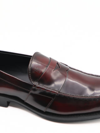 Tods Burgundy Polished Leather Penny Loafers