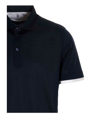 Brunello Cucinelli Cotton Polo Shirt with Contrast Trim Ocean Blue
