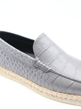 Tods Croc-Embossed Leather Espadrille with Raffia Sole Grey