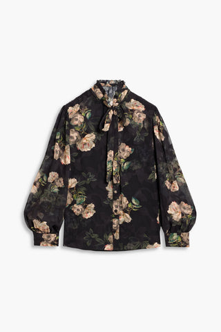 MIKAEL AGHAL PUSSY-BOW FLORAL-PRINT FIL COUP CHIFFON BLOUSE - Size 10