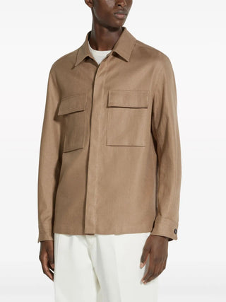 Zegna Felted Wool Point-Collar Overshirt Brown
