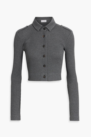 BRUNELLO CUCINELLI CROPPED BEAD-EMBELLISHED RIBBED COTTON SHIRT - Size M