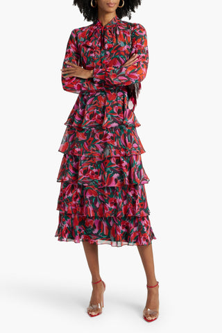 MIKAEL AGHAL TIERED FLORAL-PRINT CHIFFON MIDI DRESS - Size 12
