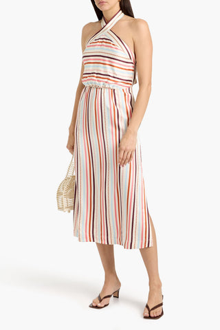 LEMLEM AJANI STRIPED CHARMEUSE HALTERNECK MIDI DRESS - Size S