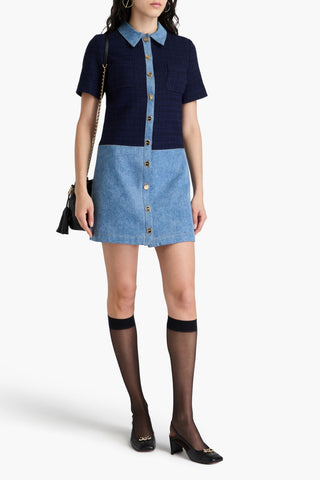 SANDRO DENIM-PANELED TWEED MINI SHIRT DRESS - Size 38