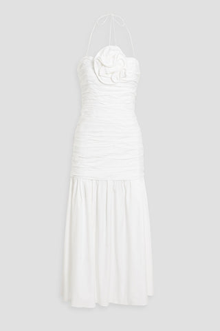CAROLINA HERRERA RUCHED COTTON-BLEND POPLIN HALTERNECK MIDI DRESS - Size 8