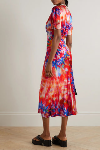 SALONI '+ VENYX LEA TIE-DYED SILK MIDI DRESS - Size 14