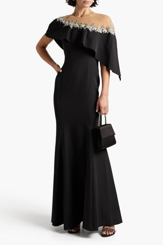MARCHESA NOTTE EMBELLISHED TULLE-PANELED DRAPED CREPE GOWN - Size 14