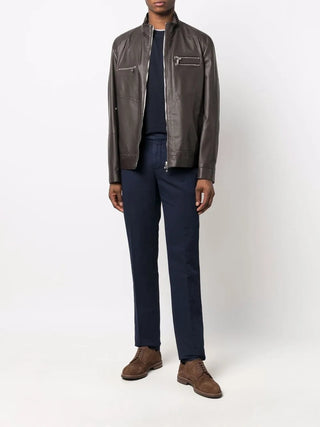 Brunello Cucinelli Leather Stand-Collar Bomber Jacket Brown