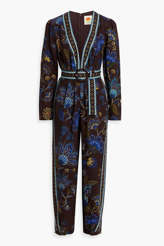 FARM RIO BELTED PRINTED COTTON AND LYOCELL-BLEND CANVAS JUMPSUIT - Size S