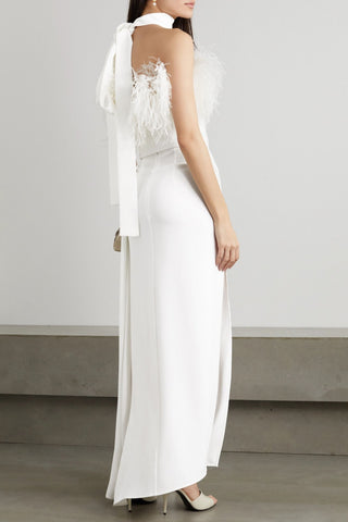 ELIE SAAB DRAPED FEATHER-TRIMMED CREPE GOWN - Size 34