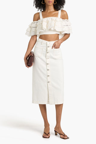 CAROLINA HERRERA COLD-SHOULDER CROPPED RUFFLED BRODERIE ANGLAISE COTTON TOP - Size 0