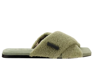 Brunello Cucinelli Curly Shearling Embellished Slide Slippers Light Green