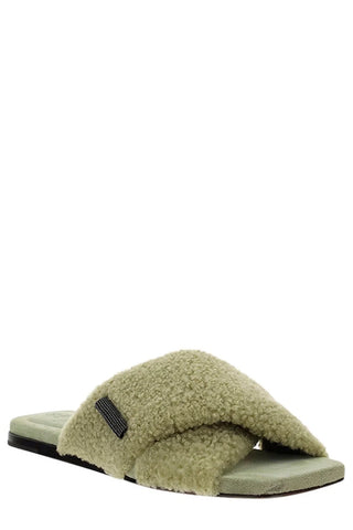 Brunello Cucinelli Curly Shearling Embellished Slide Slippers Light Green