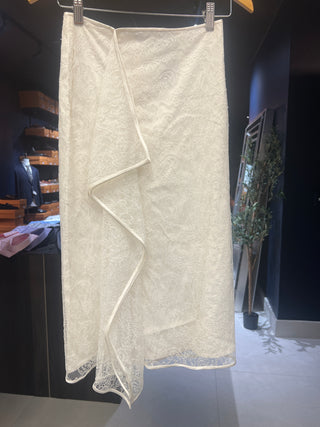 Tom Ford Lace Floral Wrap Skirt with Satin Trim Chalk White