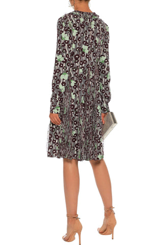 VALENTINO GARAVANI EMBELLISHED CHIFFON-PANELED PRINTED SILK CREPE DE CHINE DRESS - Size 40