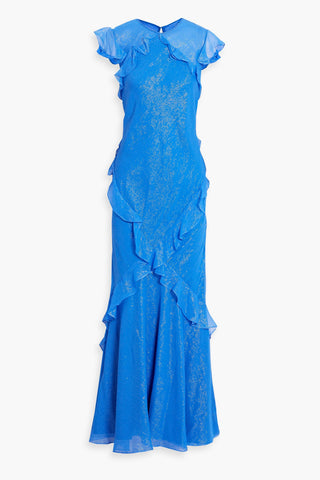 SALONI TAMARA RUFFLED METALLIC STRIPED SILK-BLEND CHIFFON MAXI DRESS - Size 12