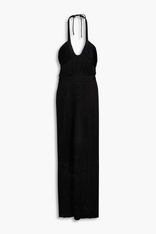 SIMKHAI BALDWIN FRINGED DRAPED CREPE HALTERNECK MAXI DRESS - Size 6