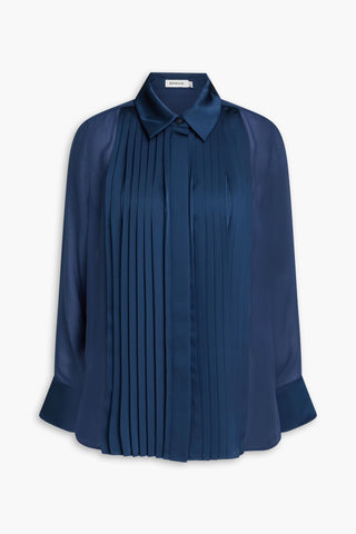 SIMKHAI VINKA PLEATED SATIN-PANELED GEORGETTE SHIRT - Size S