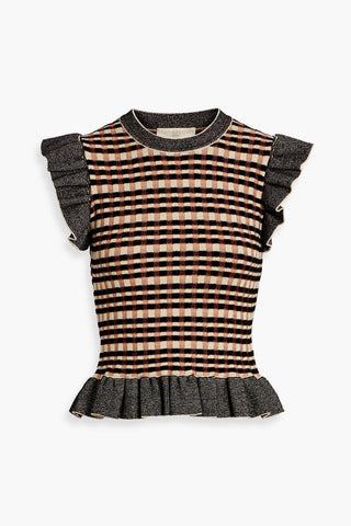 ULLA JOHNSON REA RUFFLED JACQUARD-KNIT TOP - Size M