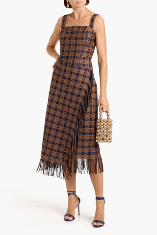 OSCAR DE LA RENTA FRINGED CHECKED GUIPURE LACE MIDI DRESS - Size 6