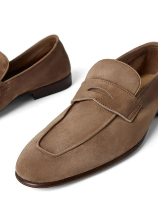Brunello Cucinelli Suede Penny Loafers in Taupe
