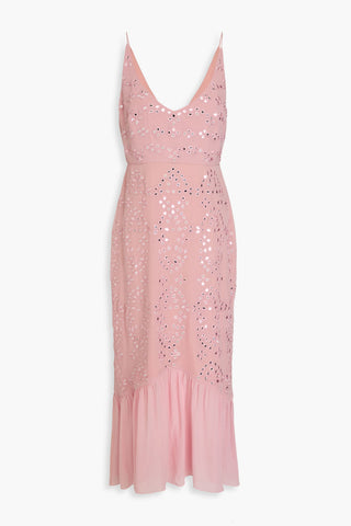 SALONI AIDAN EMBELLISHED BRODERIE ANGLAISE SILK MIDI DRESS - Size 4