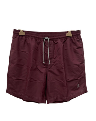 Brunello Cucinelli Technical Fabric Logo Embroidered Drawstring Swim Trunks Maroon