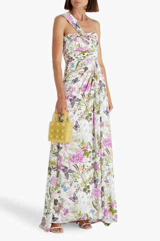 BADGLEY MISCHKA ONE-SHOULDER FLORAL-PRINT CREPE MAXI DRESS - Size 6