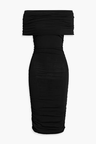 KHAITE AERICA OFF-THE-SHOULDER RUCHED STRETCH-JERSEY MINI DRESS - Size XS