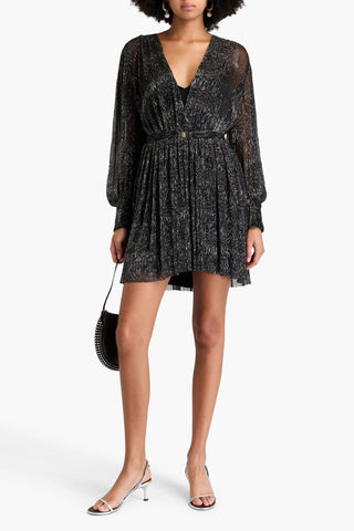 MAJE WRAP-EFFECT BELTED METALLIC KNITTED MINI DRESS - Size 38