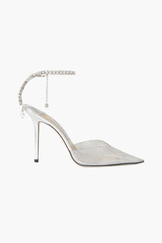 JIMMY CHOO SAEDA 100 CRYSTAL-EMBELLISHED GLITTERED PVC AND METALLIC LEATHER PUMPS - Size 35