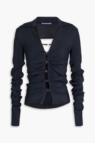 JACQUEMUS SOFFO RUCHED CUTOUT CREPE TOP - Size 34