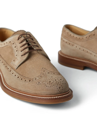 Brunello Cucinelli Suede Longwing Brogue Derby Shoes in Beige