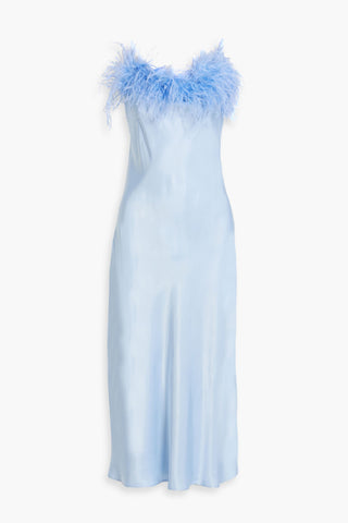 SLEEPER FEATHER-EMBELLISHED SATIN MIDI SLIP DRESS - Size XS